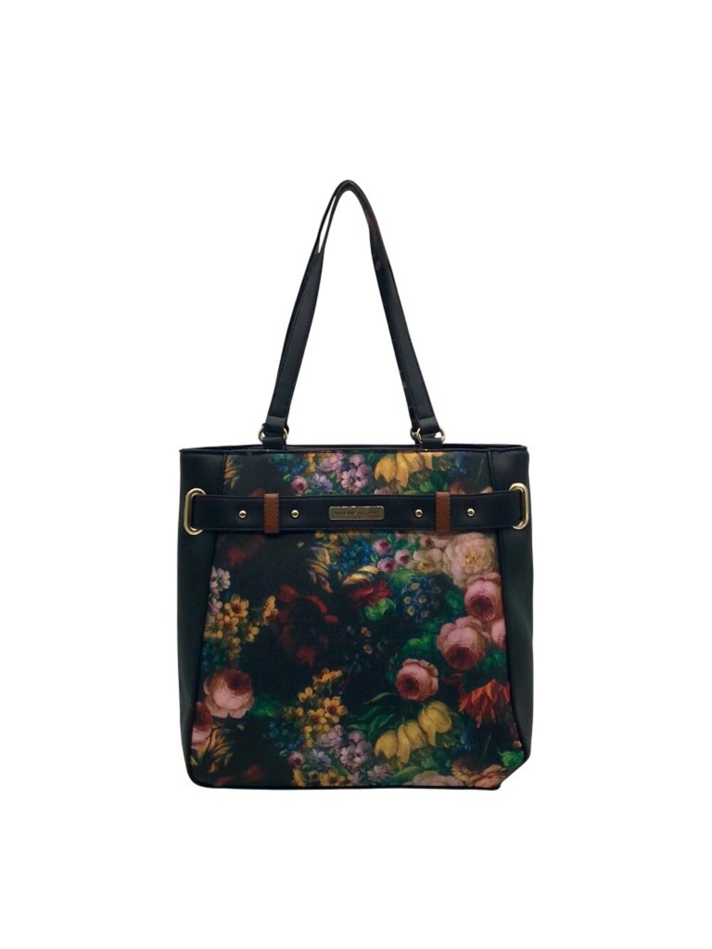 Adrienne Vittadini Black Floral Faux Leather Tote